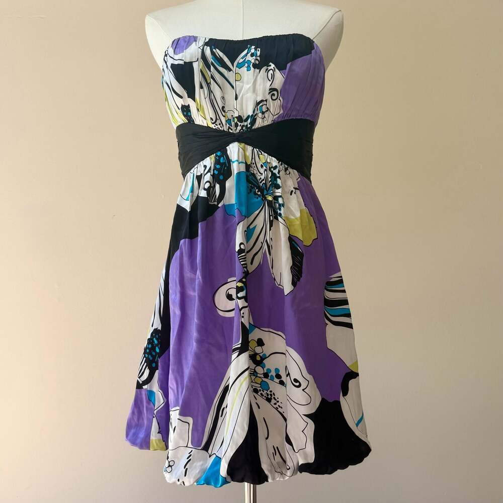 Vintage Y2K Bebe Strapless Floral Print Bubble Hem Dress
